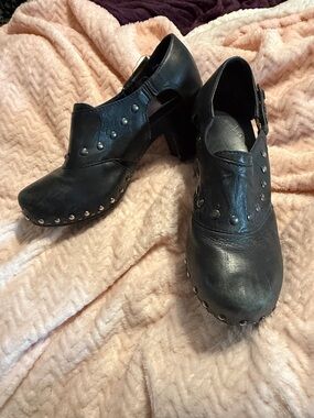 Dansko Black Studded Leather Mules with Buckle